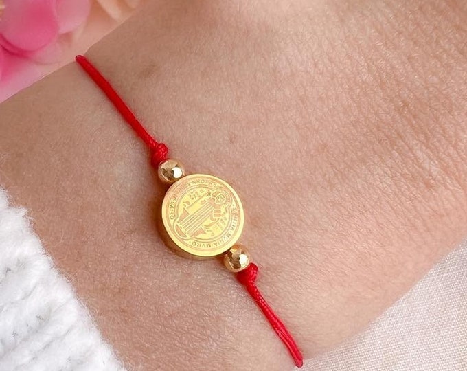 Saint Benedict Bracelet: Gold-Plated Medal, Red Cord Protection Amulet