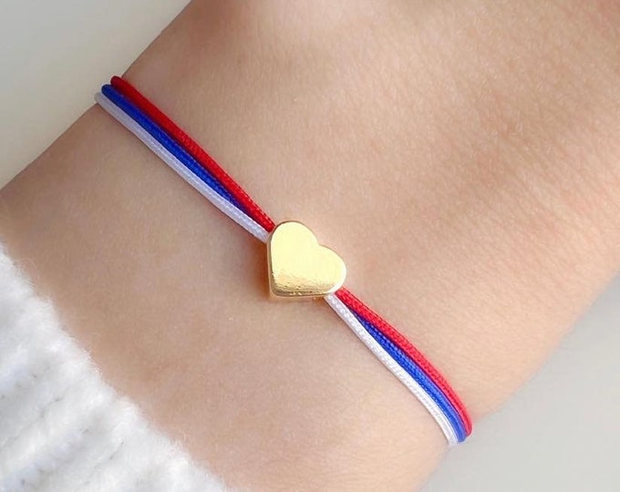 Red White Blue Cord Bracelet: Gold Heart, American Patriotic Jewelry