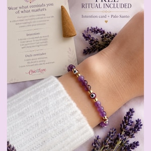 Amethyst Evil Eye Bracelet with FREE Intention Ritual, 4mm Gemstone, 18K Gold Plated.
