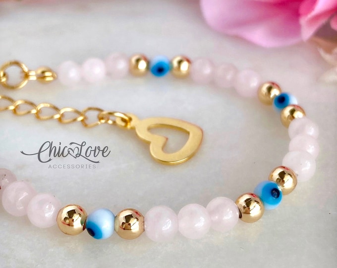 Eternal Love Bracelet, Rose Quartz and Evil Eye Bracelet,  Healing Bracelet, Evil Eye Bracelet, Yoga Bracelet, Pink Quartz Bracelet.