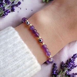 Amethyst Evil Eye Bracelet: 4mm Healing Protection Jewelry