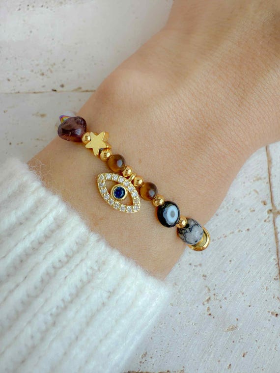 Fearless Bracelet - Obsidian Tiger Eye Gray Jasper Evil Eye Protection Amulets Handcrafted Jewelry