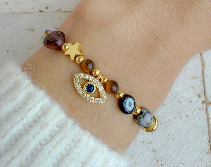 Fearless Bracelet - Obsidian Tiger Eye Gray Jasper Evil Eye Protection Amulets Handcrafted Jewelry