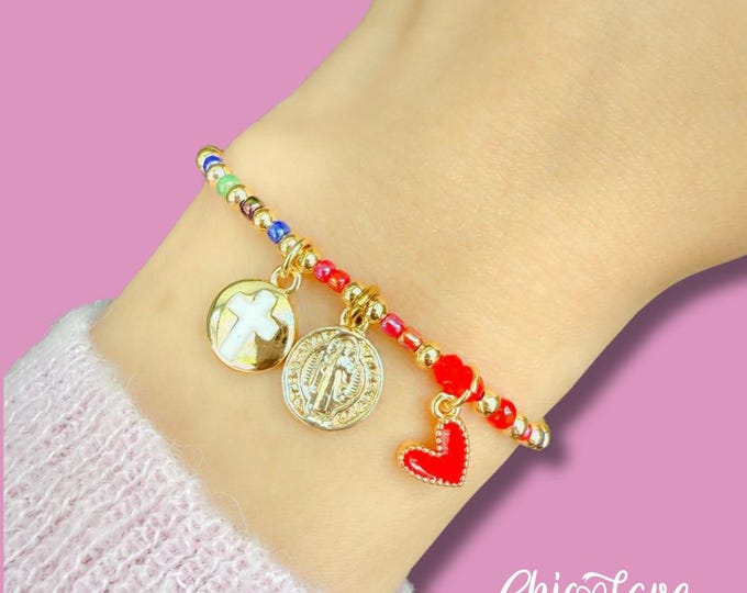 San Benito Red String Bracelet Heart Charm Gold Plated Catholic Gift Adjustable Women
