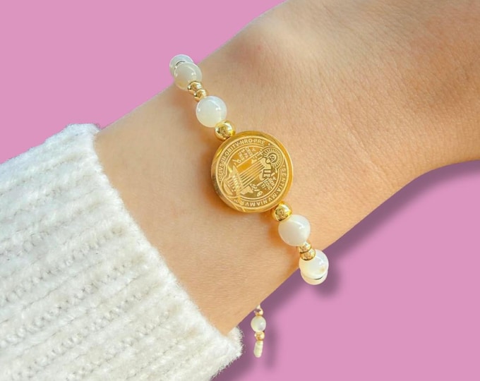 Saint Benedict Protection Bracelet with Natural White Shell Beads 18k Gold Plated