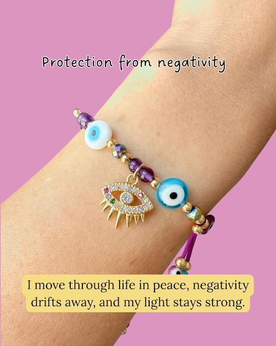 Evil Eye Protection Bracelet – Obsidian, Amethyst & Gray Jasper – Handmade Adjustable Jewelry for Positive Energy.