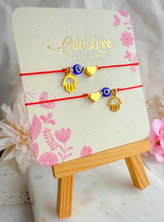 Red String Hamsa & Evil Eye Bracelet 18K Gold Plated Stainless Steel Adjustable 9" with Heart and Blue Eye Charms.