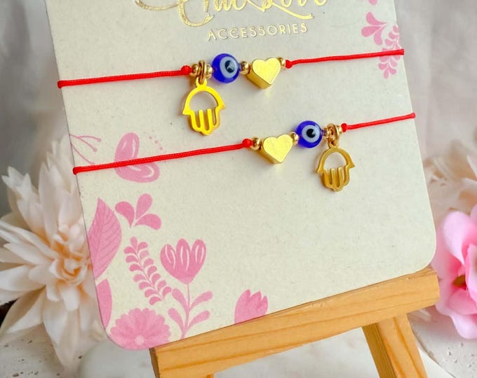 Red String Bracelet: Gold Hamsa, Evil Eye & Heart Charms