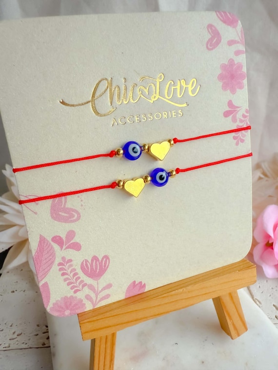 Red String Hamsa & Evil Eye Bracelet 18K Gold Plated Stainless Steel Adjustable 9" with Heart and Blue Eye Charms.