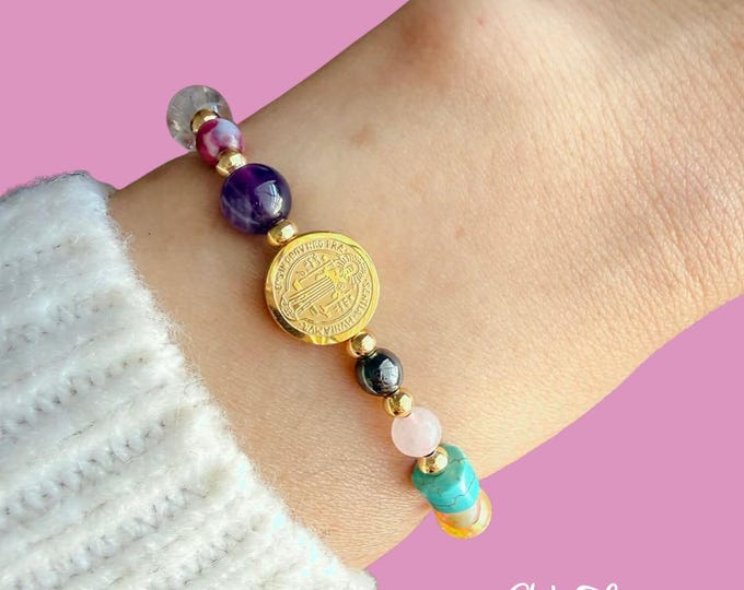 Saint Benedict Bracelet, Red String, Evil Eyes,  Natural Stone Beaded, Adjustable, Handmade