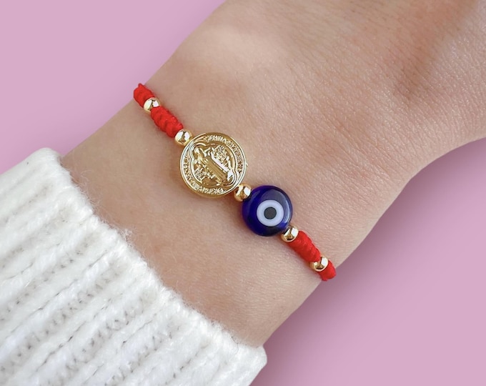 Saint Benedict Bracelet: Red String, Evil Eye, 18k Gold Plated Amulet