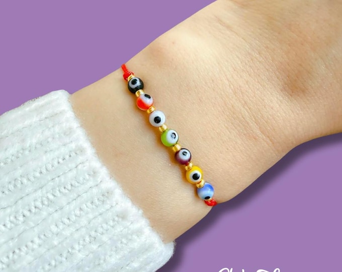Red String Evil Eye Bracelet, Colorful Glass Beads, Adjustable Cord, Minimalist Handmade Jewelry