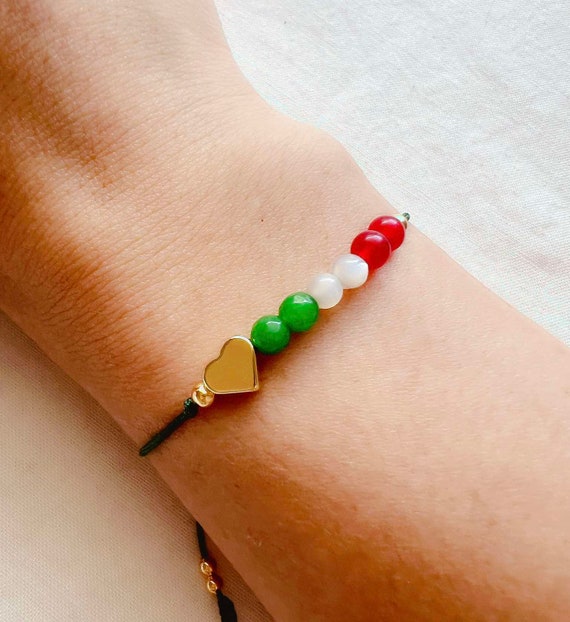 Mexican Flag Amulet Bracelet – Green Cord with Red, White & Green Beads and Heart Charm | Unisex Adjustable Fit