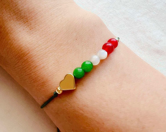 Mexican Flag Amulet Bracelet – Green Cord with Red, White & Green Beads and Heart Charm | Unisex Adjustable Fit