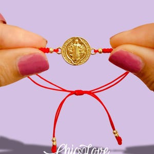 San Benito Adjustable Red String Bracelet, 18K Gold Plated Brass Medal, Golden Beads