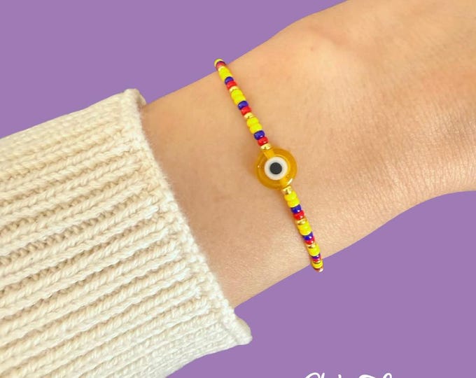 Colombian Bracelet with Glass Beads, Yellow Nylon Adjustable , Handmade Evil Eye Center Minimal