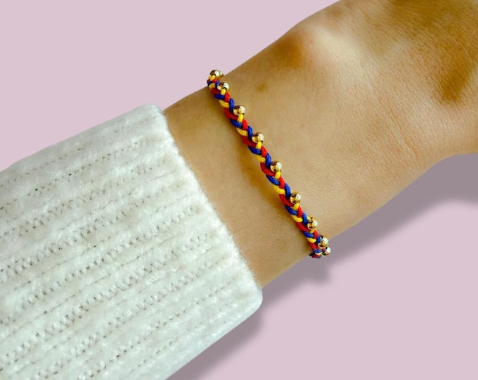 Colombian Flag Bracelet, Handmade Braided Nylon Bracelet Yellow Blue Red, 18K Gold Plated Beads.