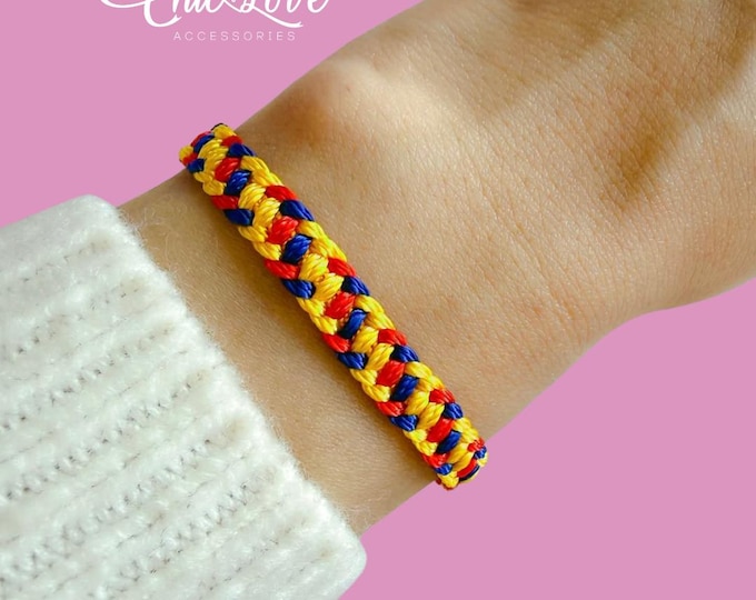 Colombian Flag Woven Bracelet, Handmade Braided Cord, Adjustable Yellow Blue Red