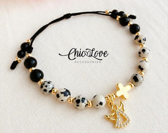 Guardian Angel Cross Bracelet, Onyx & Dalmatian Jasper Faith Bracelet