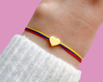 Colombian Bracelet, Flag Colors, Gold Heart Charm, Adjustable Friendship Jewelry