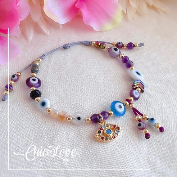 Amethyst Evil Eye Bracelet, Black Onyx and Crystal, Adjustable Cord or 18K Gold Plated.