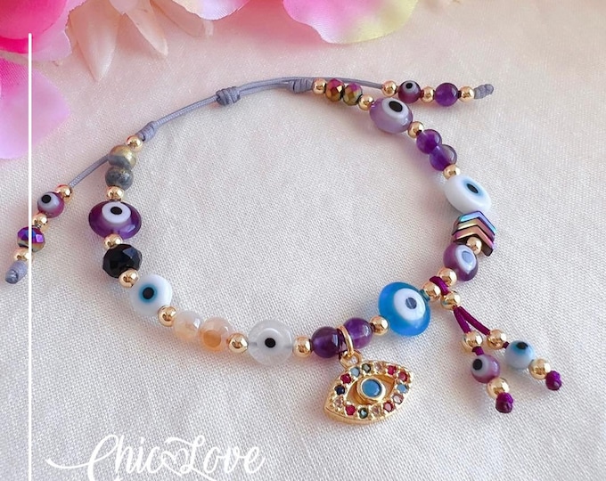 Amethyst Evil Eye Bracelet, Black Onyx and Crystal, Adjustable Cord or 18K Gold Plated.
