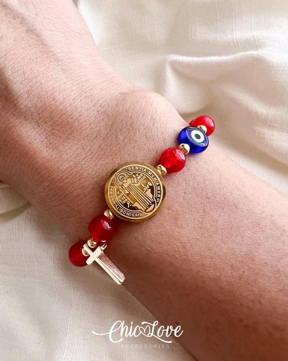 Saint Benedict Protection Bracelet – Red String with Jade, Cross and Evil Eye