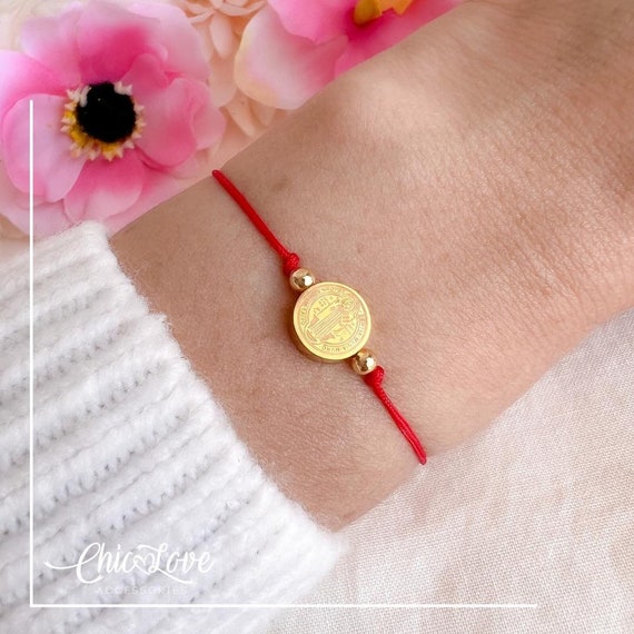 Saint Benedict Amulet Bracelet – Red Cord Protection Bracelet with Gold-Plated Medal | Adjustable & Custom Cord Color