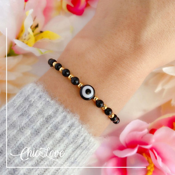 Black Obsidian Bead Bracelet, Obsidian Bracelet, Protection Bracelet, Turkish Eye Bracelet, Nazar Wristband, Evil Eye Woman Bracelet.