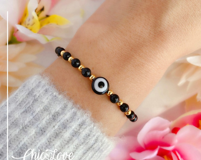 Black Obsidian Bead Bracelet, 18K Gold Plated Turkish Evil Eye Nazar Protection