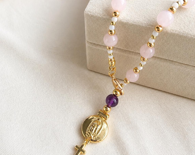 Rose Quartz Catholic Denario Bracelet, Amethyst Our Father Bead, Gold Accents, Adjustable Prayer Rosary