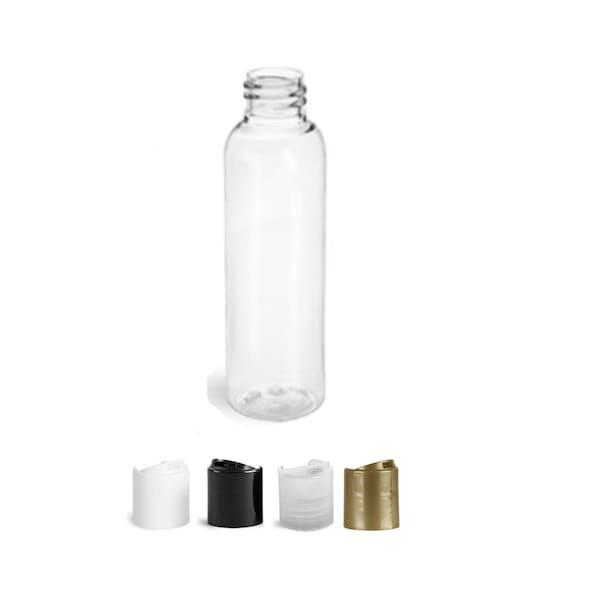 4 Oz Clear Cosmo Round Bottles with Push Down Disc Caps, PET Plastic Empty Refillable BPA-Free (Pack of 12)