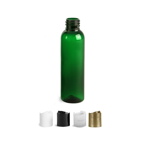 4 Oz Green Cosmo Round Bottles with Push Down Disc Caps, PET Plastic Empty Refillable BPA-Free (Pack of 12)