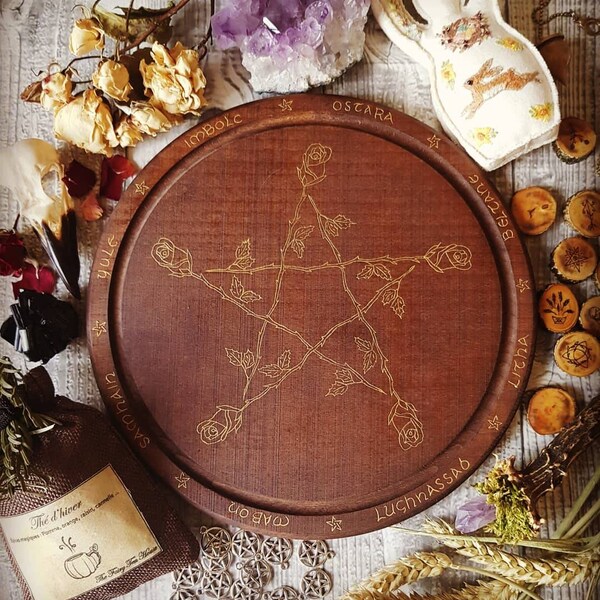Golden Pentacle altar plate, original work, acrylic painting on wood, pagan Wicca altar, sabbath year wheel art, magic, witch