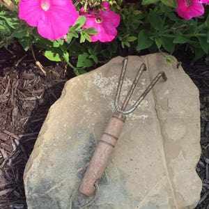 Puede incluir: Un rastrillo de mano oxidado con mango de madera se encuentra sobre una roca grande de color marrón claro. La roca está rodeada de mantillo marrón. Las petunias rosas están en flor en el fondo.