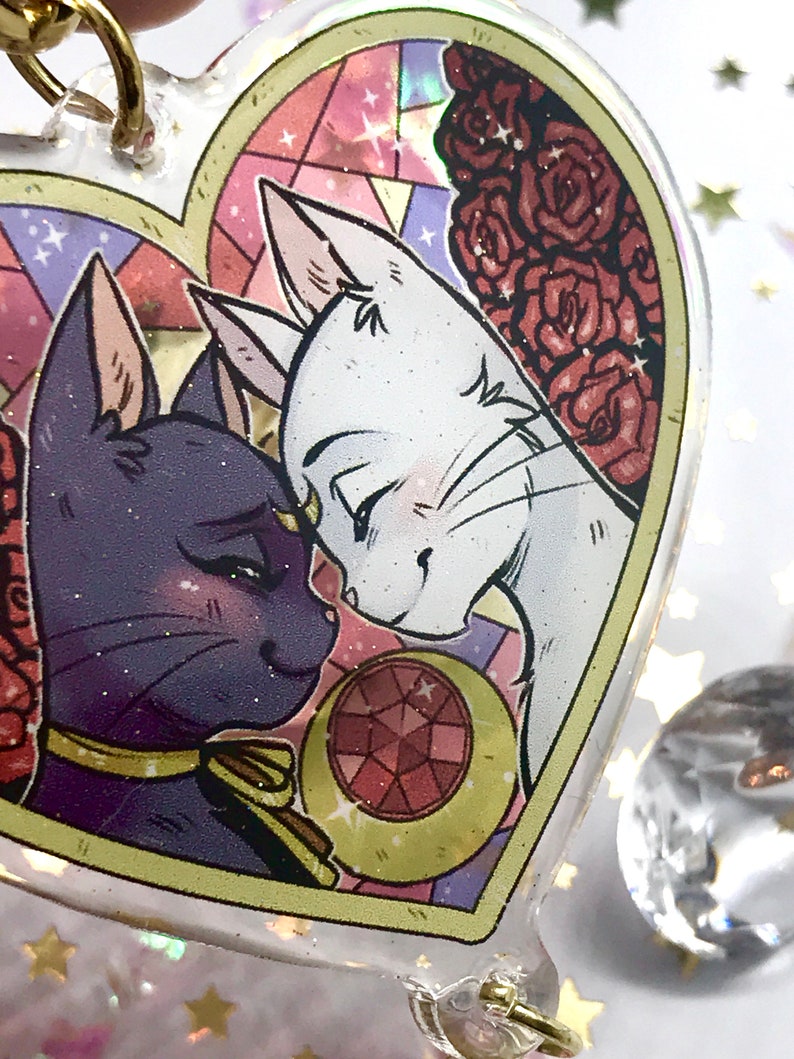 Luna and Artemis Cat Heart Acrylic Charm Keychain image 2