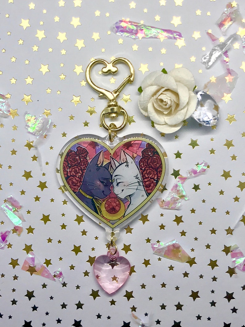 Luna and Artemis Cat Heart Acrylic Charm Keychain image 1