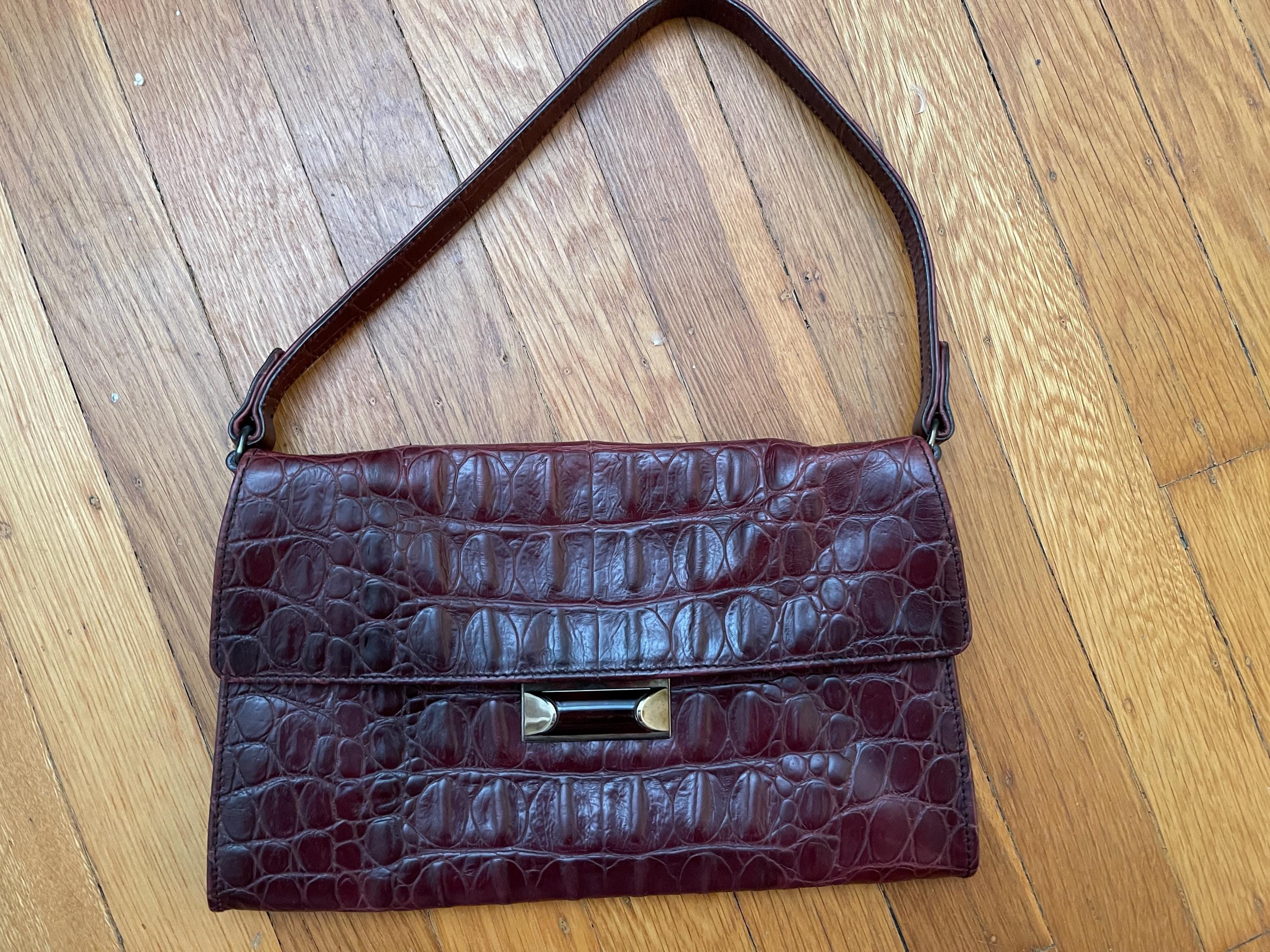 MIU MIU Burgundy Shoulder Bag Crocodile Embossed Leather