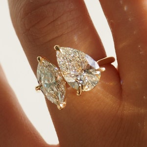 2 Stone Ring, Marquise and Pear Moissanite Engagement Ring, Toi et Moi Ring, 14k gold ring, Bridal Ring, Marquise Cut Ring, Pear Cut Ring