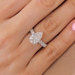 3.5 CT Pear Shape Moissanite Engagement Ring Gold Tear Drop White Gold Pave Setting Ring Pear Cut Hidden Halo Ring Anniversary Gift for Her