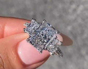 3.5 CT Radiant Cut Moissanite Three Stone Engagement Ring, 14k White Gold Ring, Three Stones Wedding Ring, Anniversary / Birthday Gift