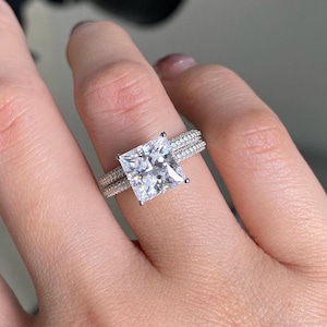 2 CT Princess Cut Moissanite Bridal Ring Set: 14k White Gold Pave Hidden Halo