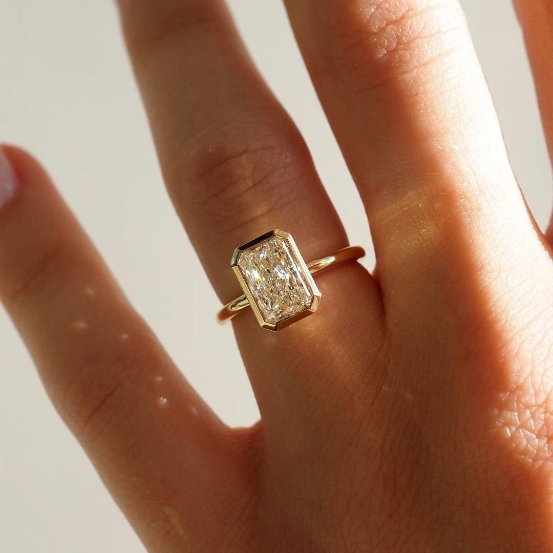 Bezel Setting Radiant Cut Ring, 3 CT Radiant Cut Moissanite Solitaire Bezel Set Engagement Ring, 14k Solid Gold Ring, Proposal Ring