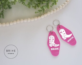 Western Style Cowgirl Boot Keychain - Personalized Bachelorette Party Favor in Pink - Retro Motel Keyring