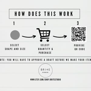 how does this work? 1)select shape and size 2)select quantity and purchase 3) provide qr code.  Note you will have to approve a draft before we make your item.