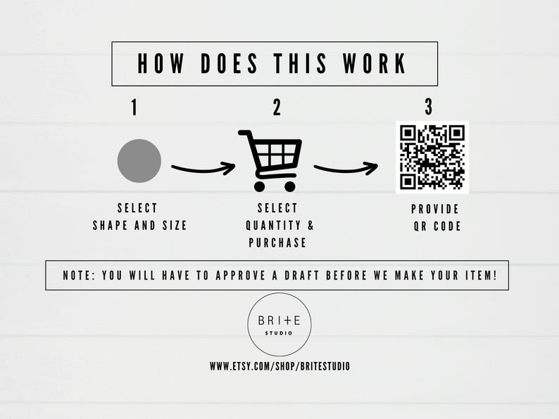 how does this work? 1)select shape and size 2)select quantity and purchase 3) provide qr code.  Note you will have to approve a draft before we make your item.