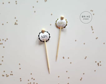 Personalized Vintage Cocktail Drink Picks - Scallop Shaped Monogram Garnish