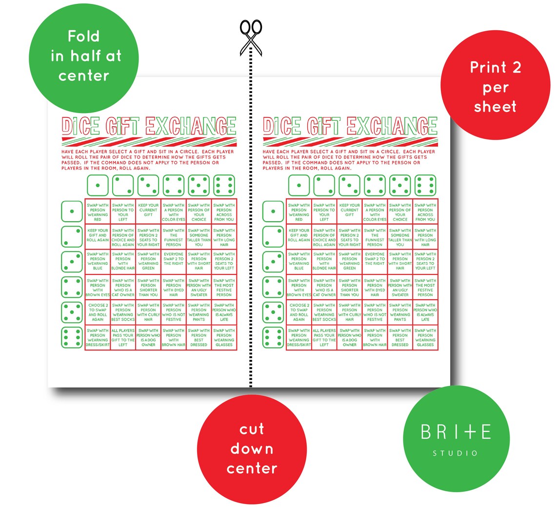 Christmas Gift Exchange Dice Game Printable Game Christmas Group Party ...