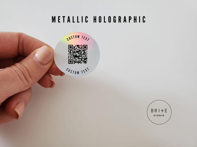 custom text 2 inch metallic holographic qr code sticker shown against white background.