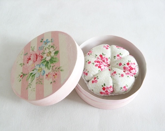 Gift set pincushion with box of pink roses ready to ship